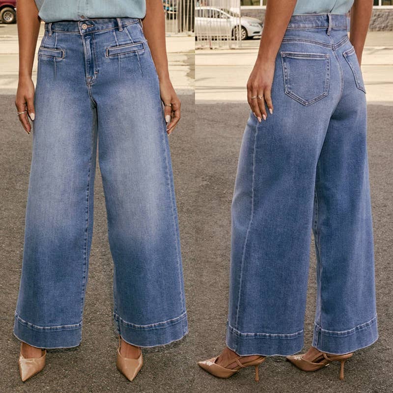 Blue Women's Casual Wide Leg Stretch Washed Denim Pants  for wholesale on Faire3