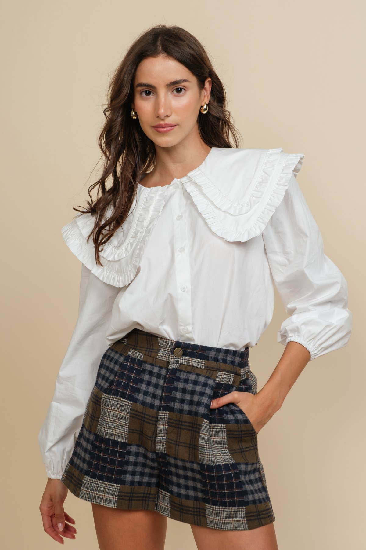 BLANC CASSÉ Blouse en coton à manches longues avec col surdimensionné à double volant en vente sur Faire2