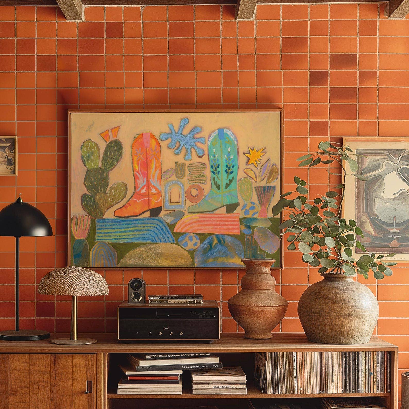 El Baker Art - Wholesale Art Print - Western Cowboy Boot Print: Cactus Collage, Southwest Desert Art2