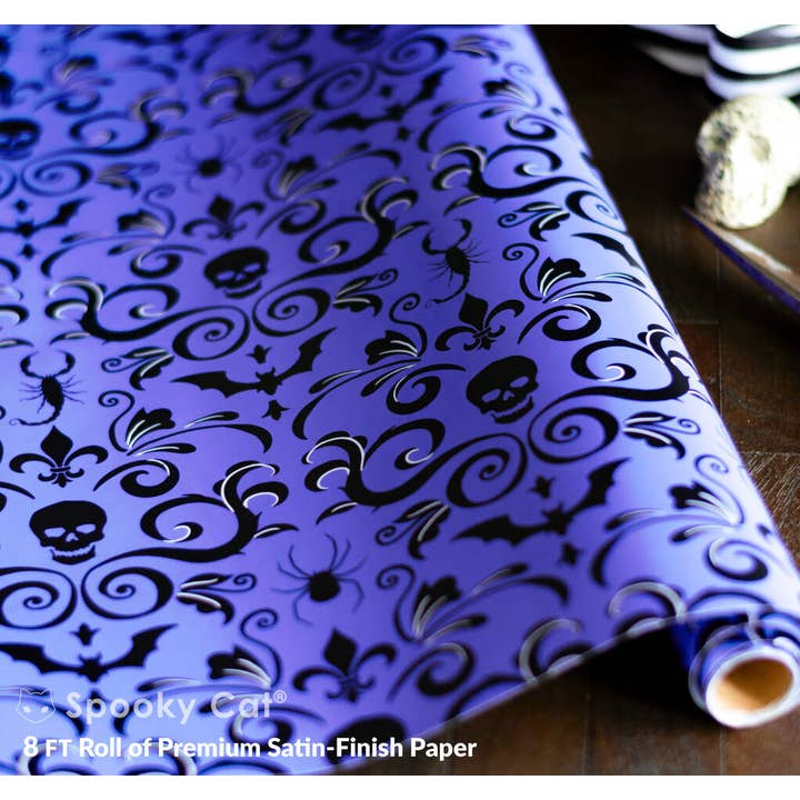 Spooky Cat Press - Wholesale Wrapping Paper Roll - Skull Damask Gift Wrap - Purple (8ft Roll)