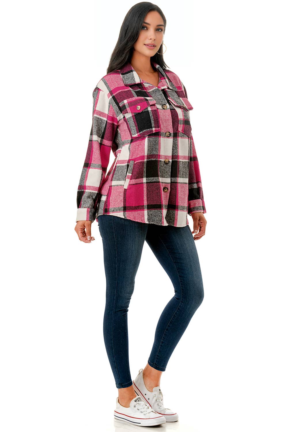 Color 5 - Vendita all'ingrosso Giacca a camicia - Donna - Camicia oversize in flanella scozzese rosa con tasche10