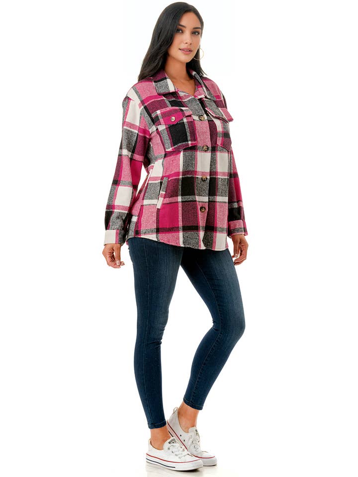 Color 5 - Vendita all'ingrosso Giacca a camicia - Donna - Camicia oversize in flanella scozzese rosa con tasche10