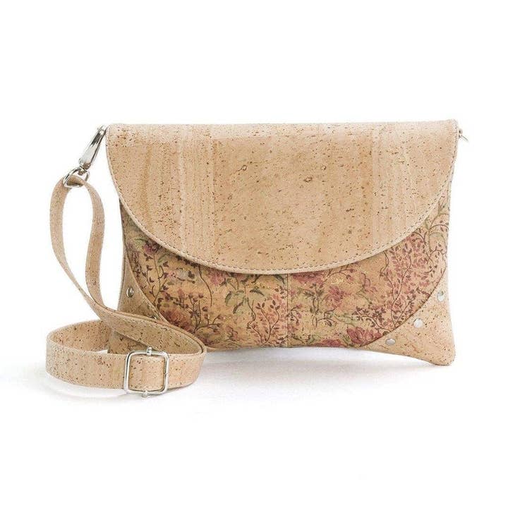 Pochette en liège et sac à bandoulière végétalien pour femme en rose floral pour la vente par Moddanio Cork