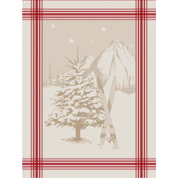 Mierco European Linens - Wholesale Tea Towel - European Red-Taupe Jacquard Tea Towel - Reindeers/Snowflakes