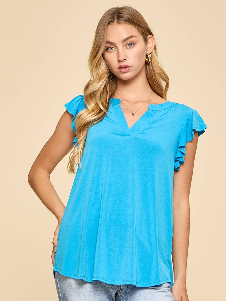 Haut Lizzy à col mandarin et manches à volants pour la vente par Dear Scarlett