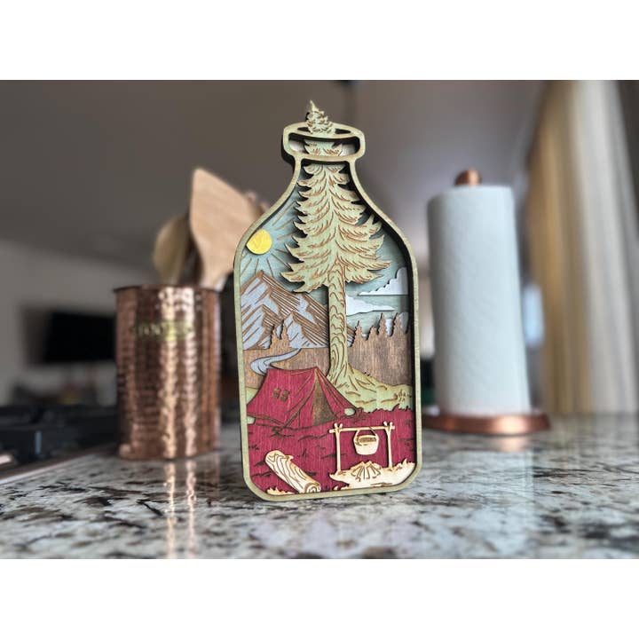 Wooden Camping Bottle Wall Art - Mountain & Nature Decor for wholesale by Carving Nomad