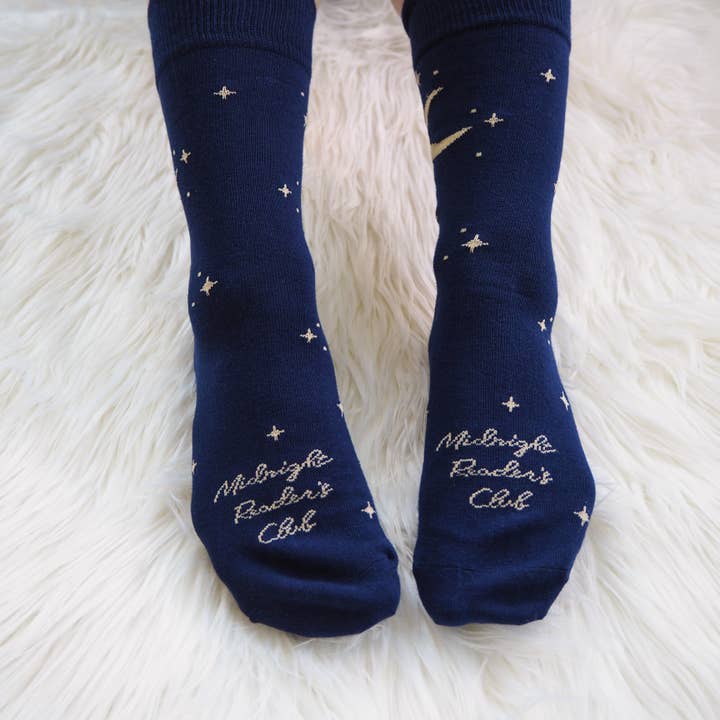 LiteraryEmporium – wholesale Socks – Women's – Midnight Readers Club Book Lover Blue Cotton Socks Moon Star4
