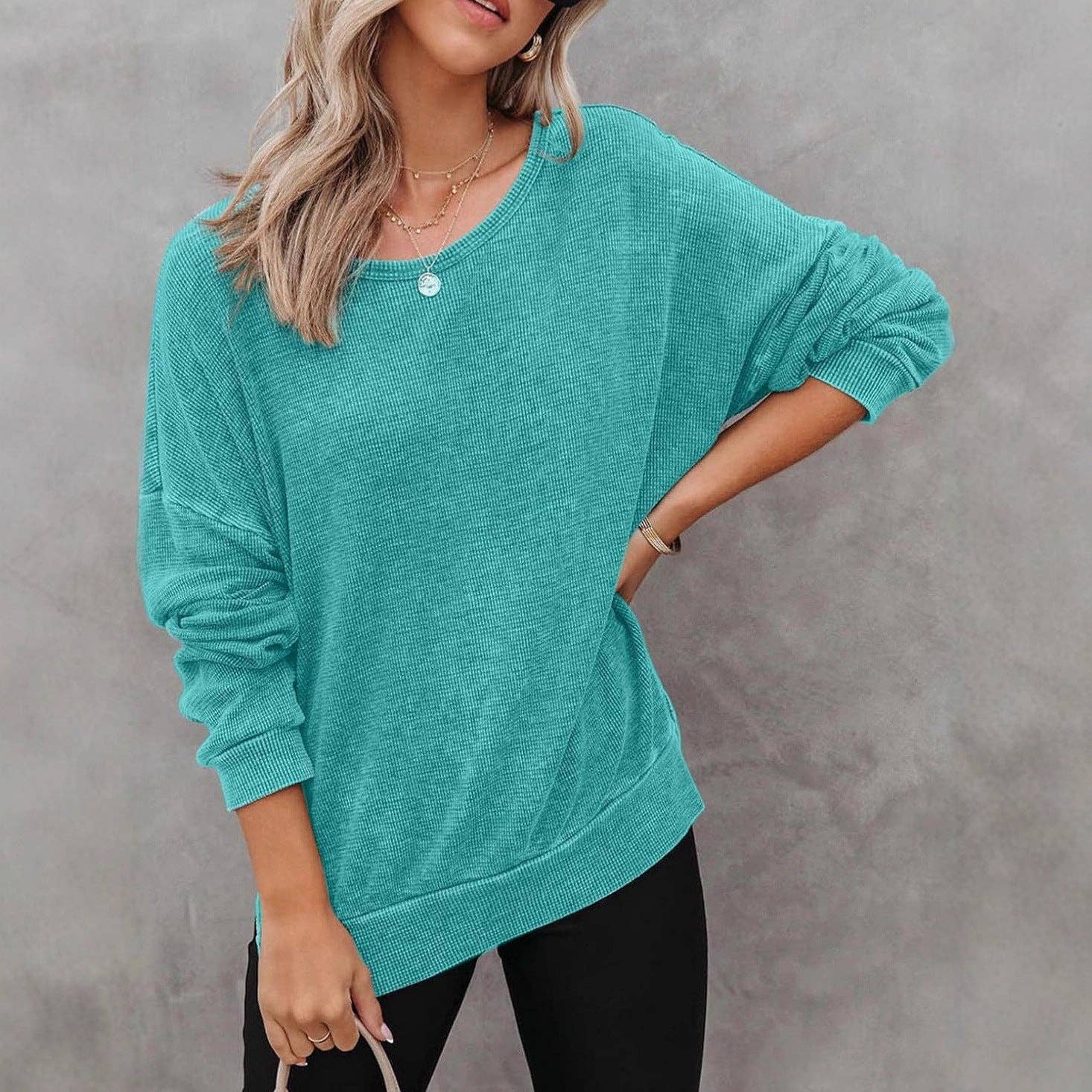 Masyal - Wholesale Sweatshirt - Women's - Autumn Round Neck Long Sleeve Waffle Sweatshirt T-Shirt5