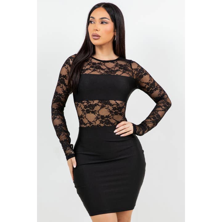 D14292 ICE SCUBA DRESS WITH LACE CONTRAST AND BACK ZIPPER for wholesale by Uptown Apparel