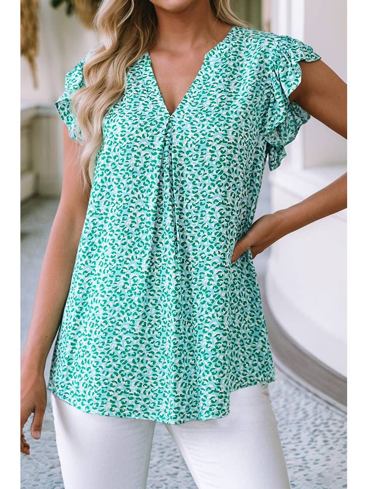 Green LDC Notched V Neck Leopard Ruffle Short Sleeve Blouse for wholesale on Faire
