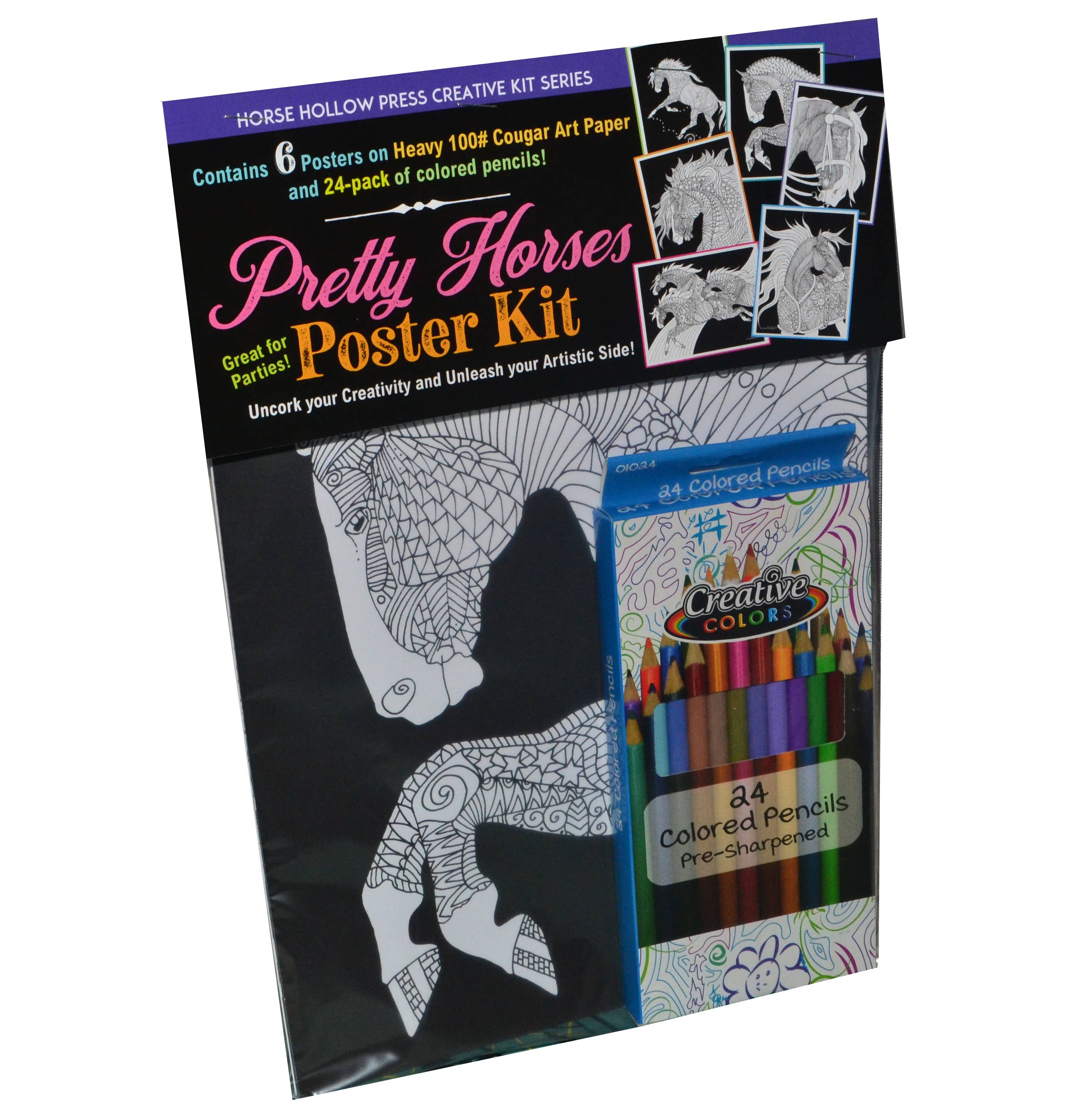 Horse Hollow Press / Pretty, Funny, Snarky Cards & Stickers - Wholesale Crafts, Hobbies & DIY Book - Pretty Horses Kit / 6 Drawings to Color / 24-Colored Pencils6