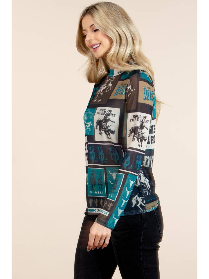 T1502-6010A-Remini Teal Cowboy Party Mesh Print Mock Neck To for wholesale on Faire
