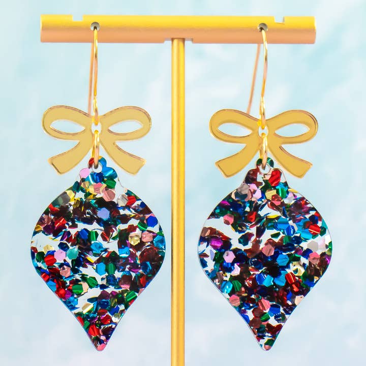 Christmas Ornament Earrings Glitter Holiday Bulb Dangle for wholesale by Momenti di Vita