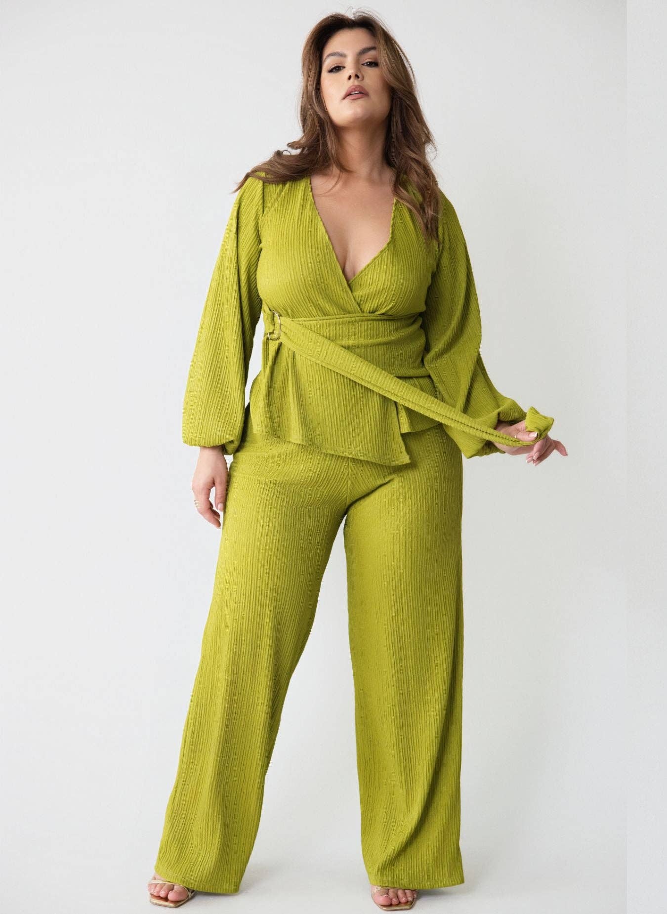 Green Zayne Puff Sleeve Wrap Top for wholesale on Faire