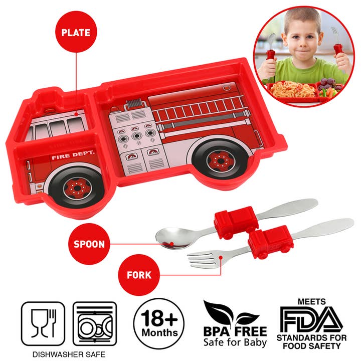 Funwares - Wholesale Dinnerware Set - Kids & Baby - Me Time Fire Engine Kids Dinnerware Meal Set - Kids Gifts