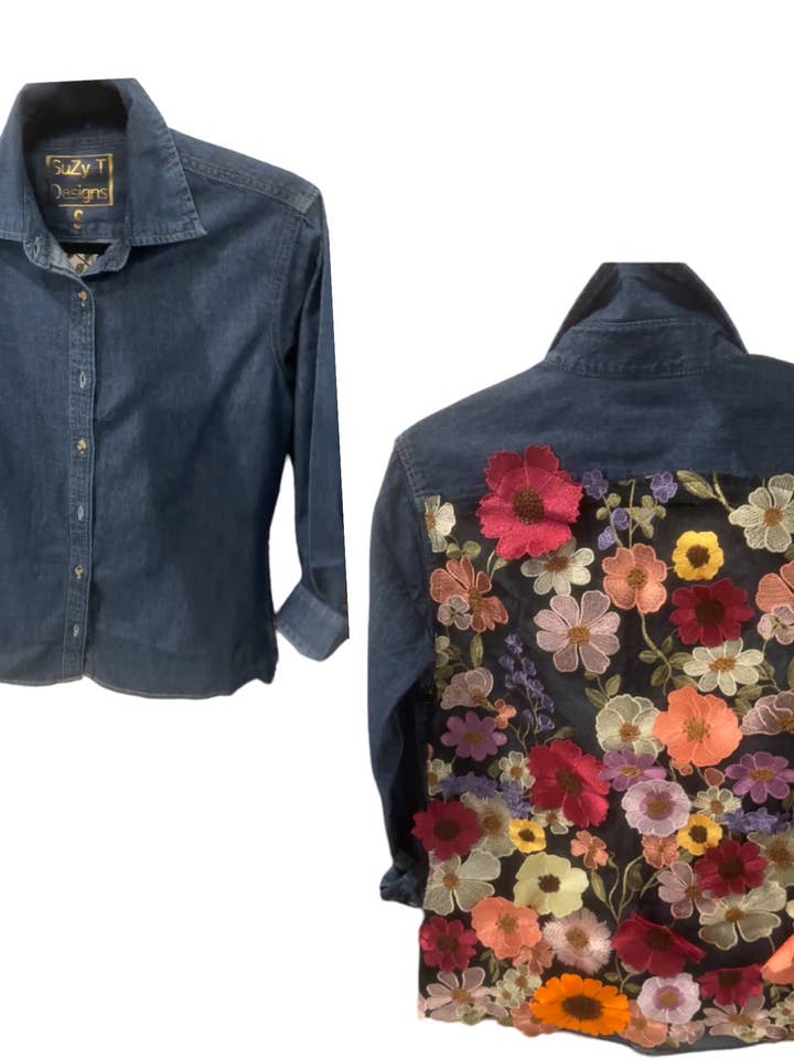 Fabulous 3-D Floral Dark Denim Shirt Blouse for wholesale by Suzy T Designs