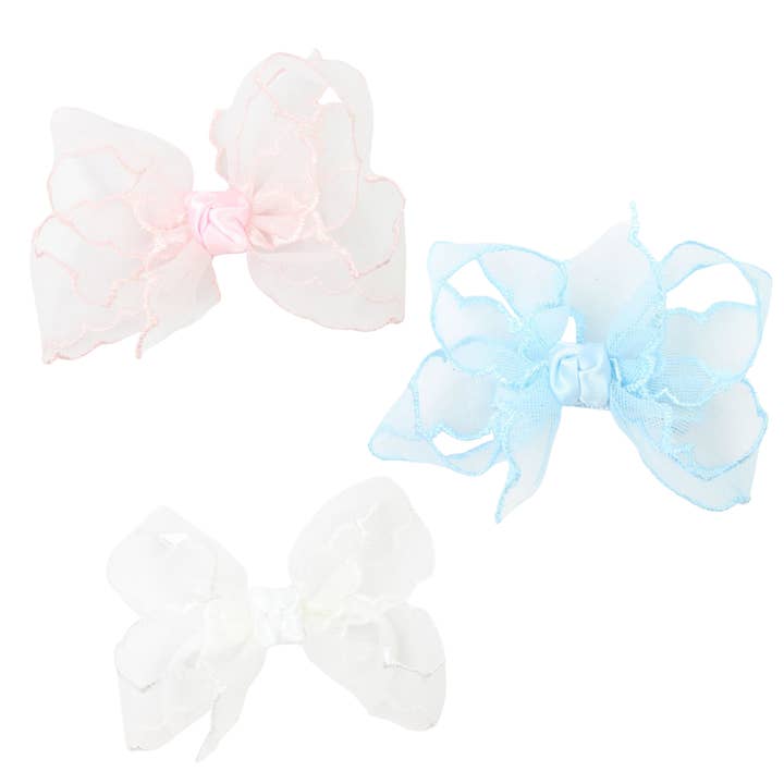 SCALLOPED ORGANZA BOW ON ALLIGATOR CLIP for wholesale by Beyond Creations, LLC