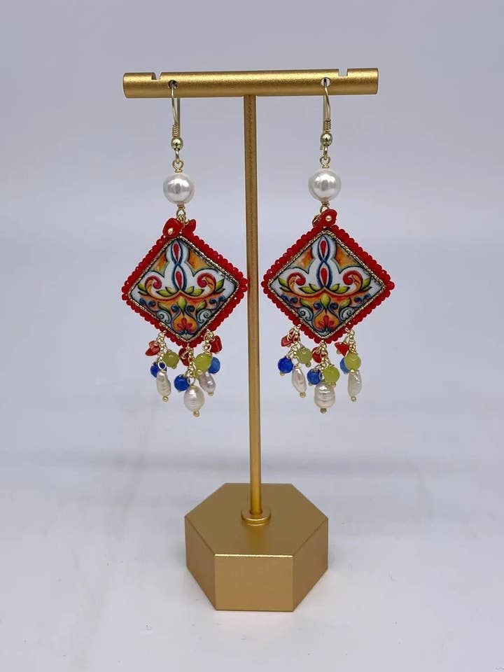 Caltagirone Ceramic Tile Earrings, red frame, stones, pearls, coral for wholesale by DD Ceramiche Siciliane