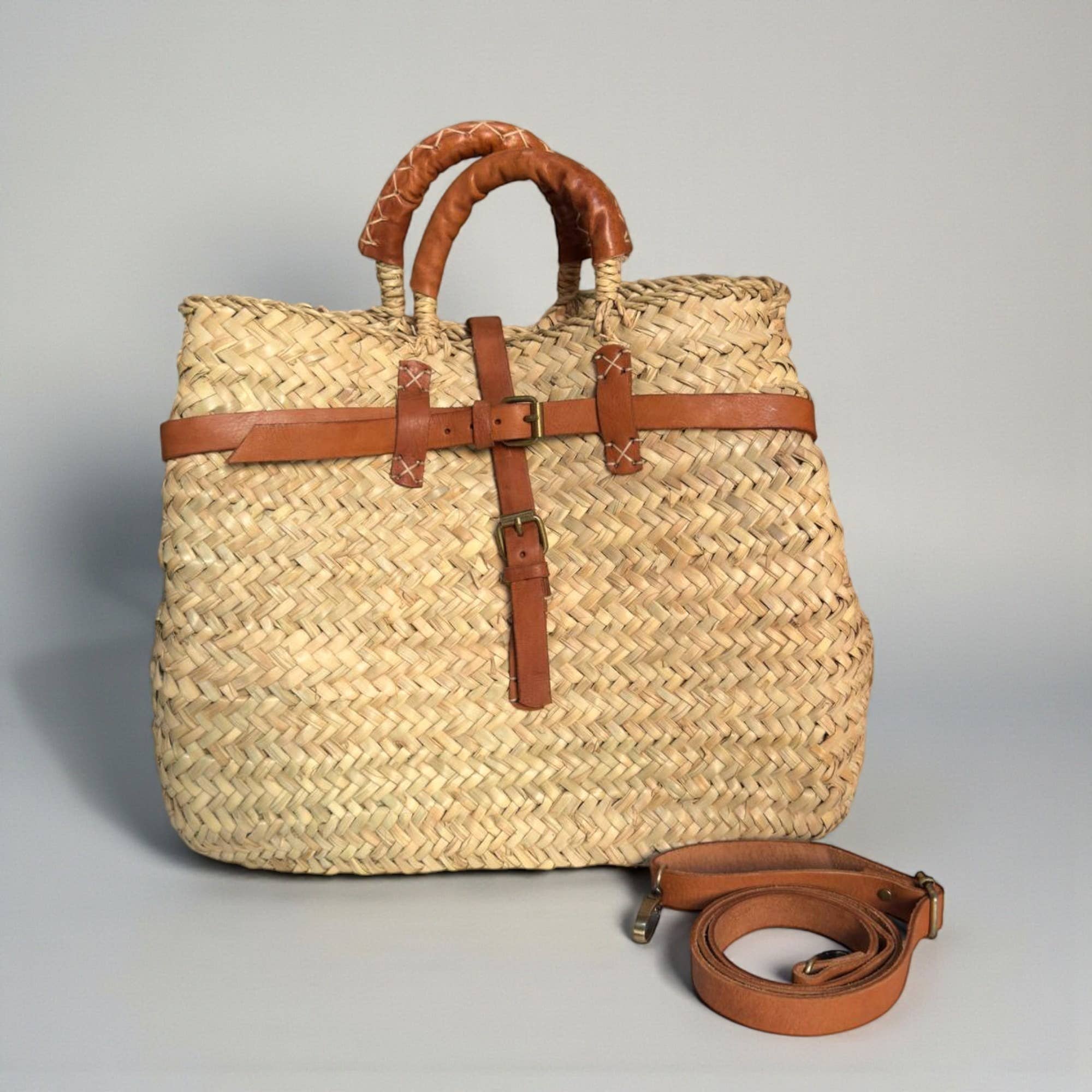Melecraft - Wholesale Tote Bag - Women's - Woven Straw Market Basket Bag Leather Crossbody Tote5