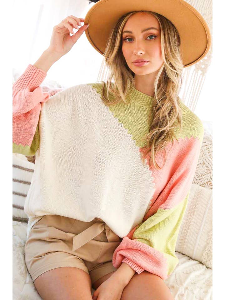 Vine & Love - Wholesale Knit Sweater - Women's - Color Block Round Neck Chunky Knitted Sweater Top VT8101728