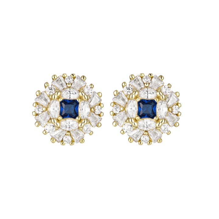 Dlux Jewels - Wholesale Stud/Post Earrings - Gold Plated Sterling Silver Sapphire And White CZ Earring