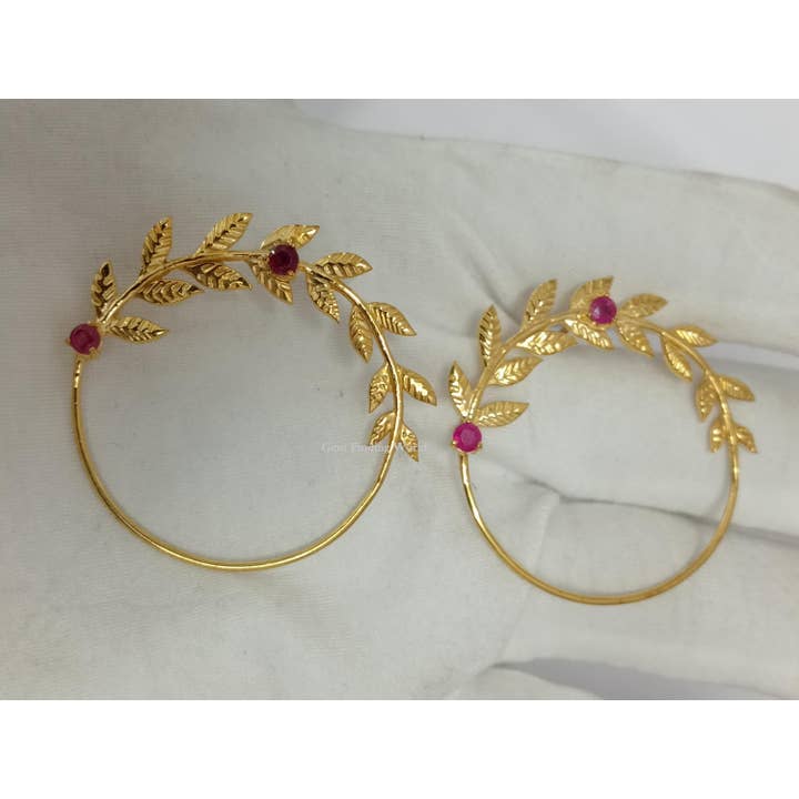 Ruby Gemstone Leaf Gold Circle Statement Earrings for wholesale by Rishi Jewelry