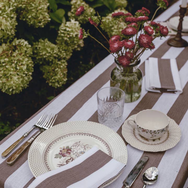 Heirloomed Collection - Wholesale Tablecloth - Linen Tablecloth - Broad Stripe in Tobacco