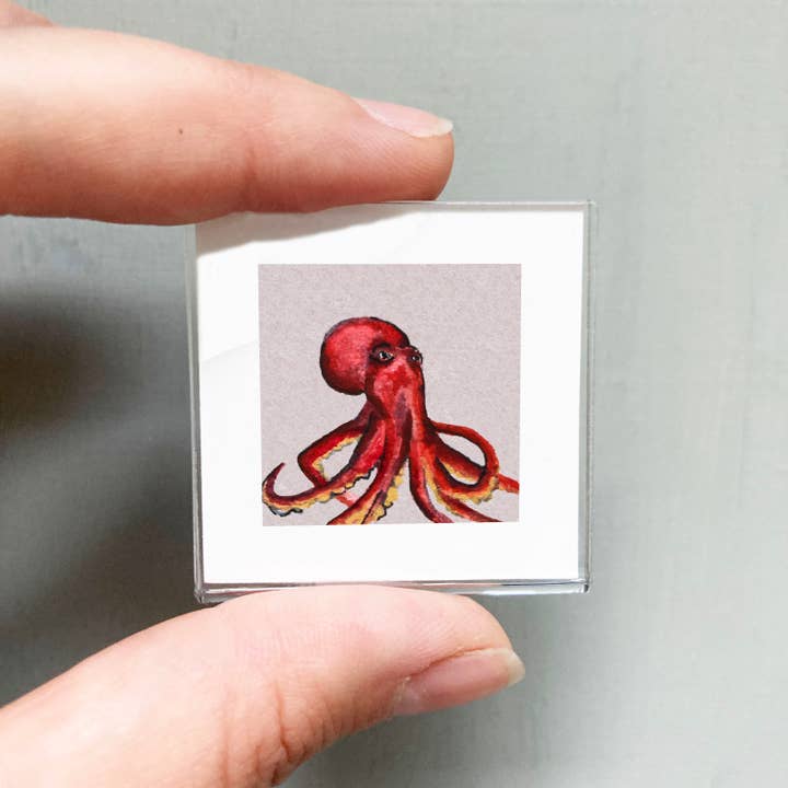 Mini 1" Octopus Animal Tiny Watercolor Framed Art Print for wholesale by Mick's Art Goods