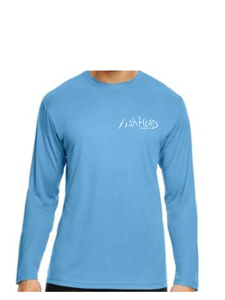 Men's UPF50 Long-Sleeve Dry fit T-shirt (Lt. Blue w/ Tarpon) for wholesale by FishHead Threads, Inc.