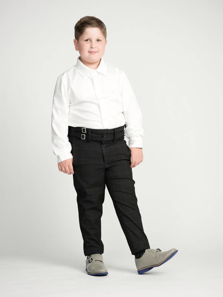 Black Windowpane Double Buckle Dress Pants for wholesale by Mofi Boys Clothing