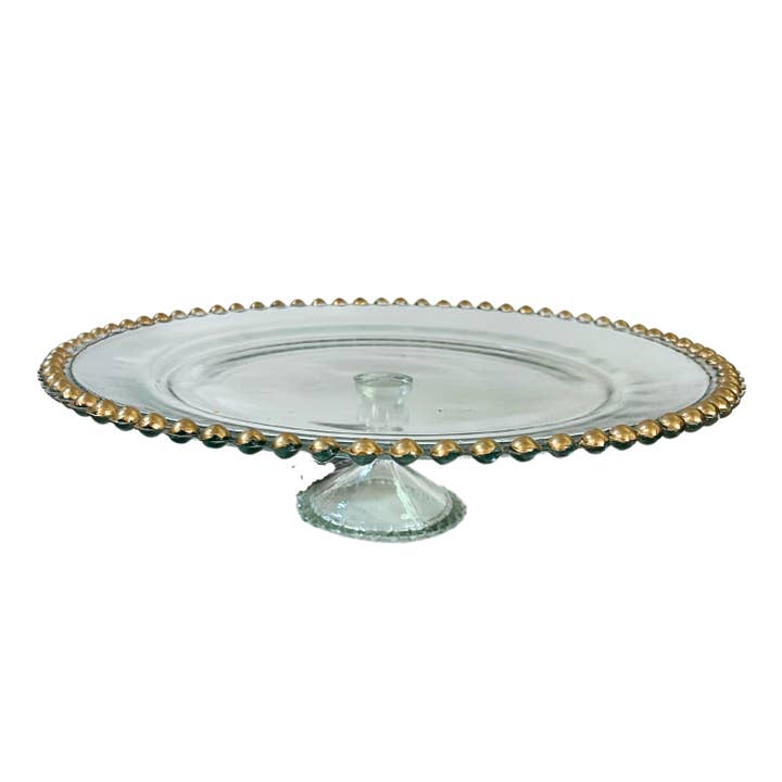 CLEAR GOLD GLASS CAKE STAND 13" DIA X 3.5" H for wholesale by David Christopher's Collection