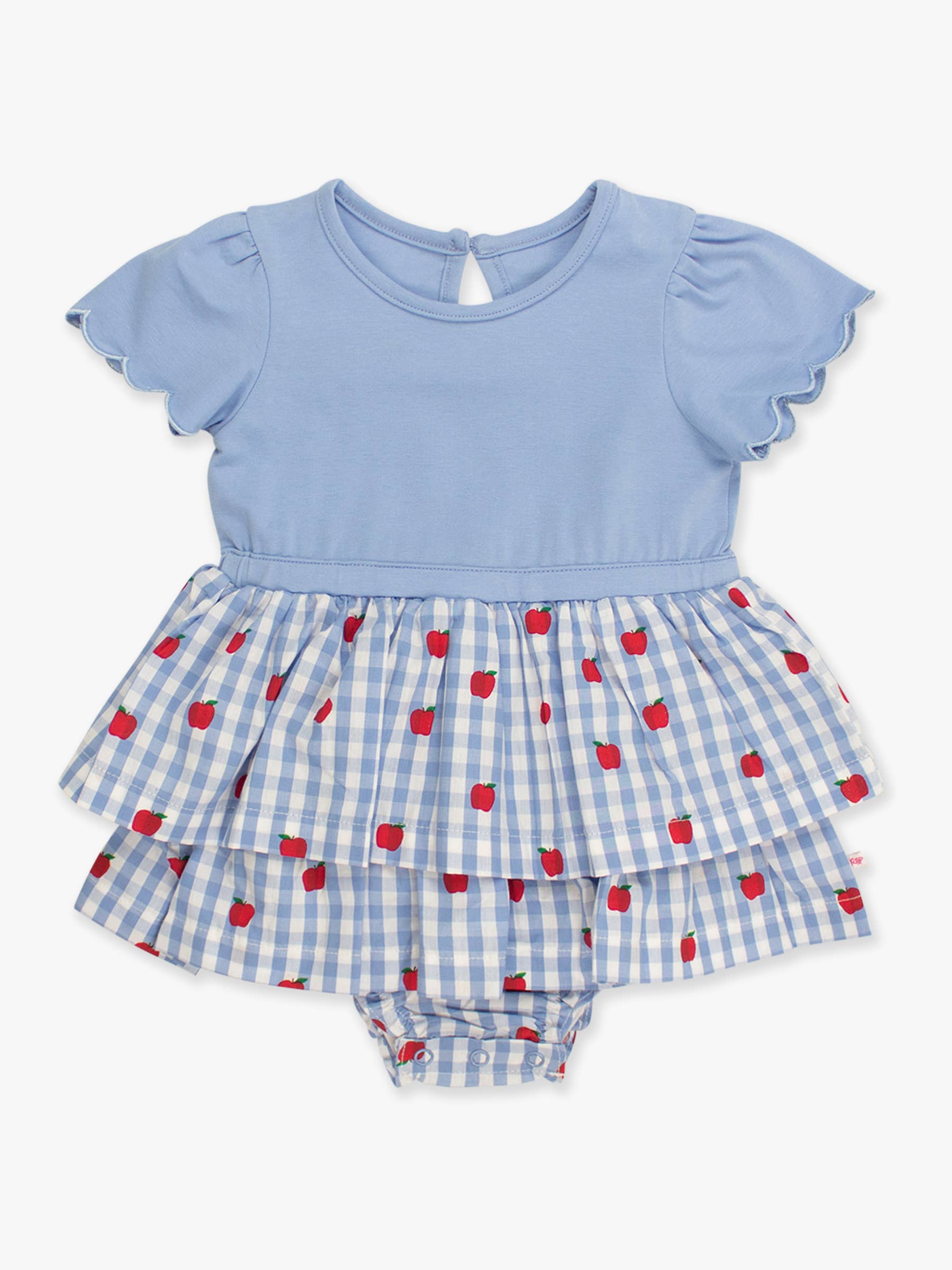 Blue Baby Girls Apple Orchard Classic Gingham Short Sleeve Skirted Romper for wholesale on Faire9