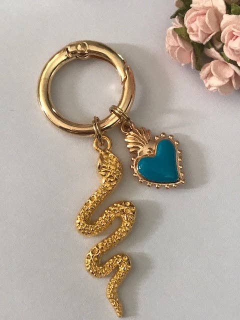 Miss DJ Angel - Wholesale Keychain - Women's - Golden snake charms, heart and snake bag charms, gift for women sacred heart charms, blue heart and snake pendants,1