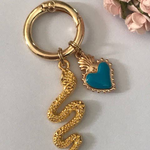 Miss DJ Angel - Wholesale Keychain - Women's - Golden snake charms, heart and snake bag charms, gift for women sacred heart charms, blue heart and snake pendants,1