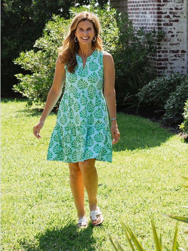 Louisa Sleeveless Dress - Palm Stripe Aqua/Green for wholesale by sailor-sailor