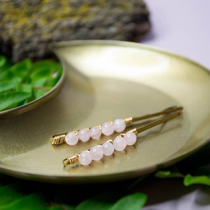 Wire Wrapped Rose Quartz Hairpins Barrettes for wholesale by Miss Penny Lane