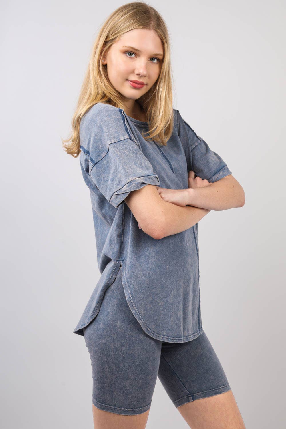 VERY J - Wholesale Activewear Set - Women's - NT11590SET-Washed Stretchy Knit Activewear Top & Shorts9