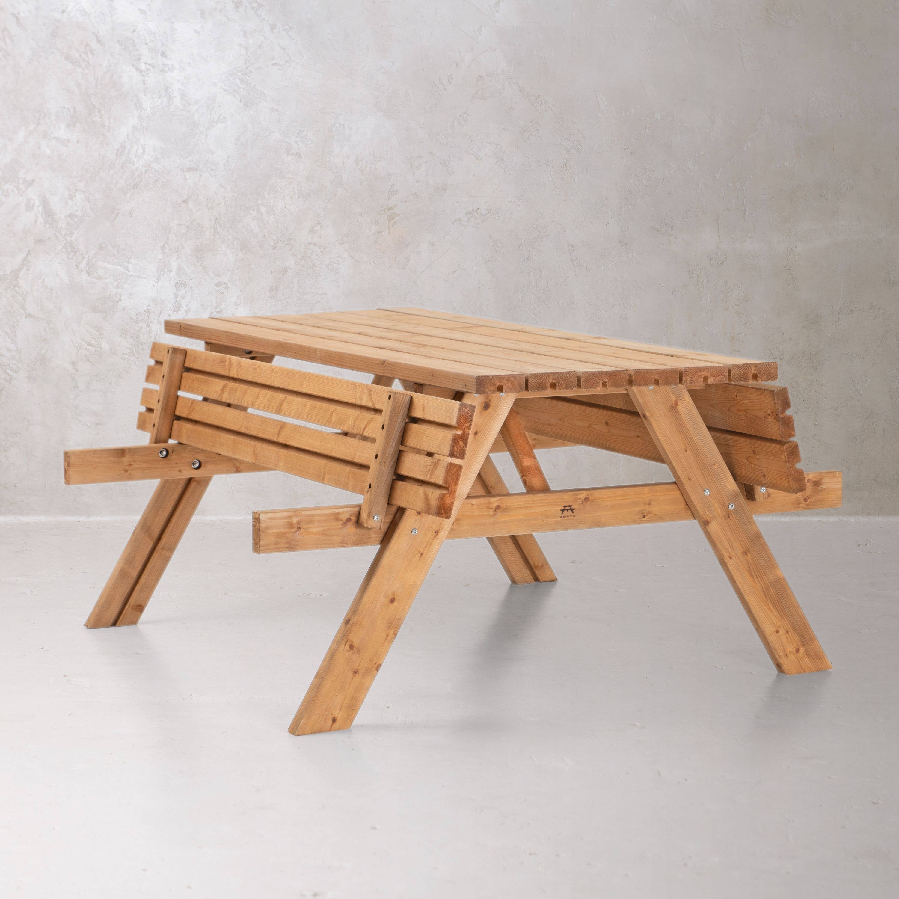 AMATA - Vendita all'ingrosso Tavoli da patio - Set da picnic in legno marrone a forma di A con tavolo e panchine3