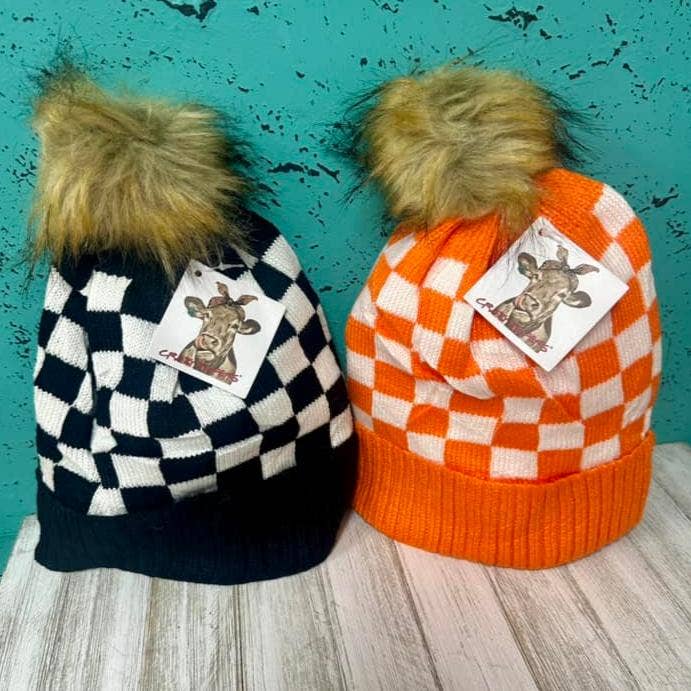 Checkered Fur Pom Beanies for wholesale by Crazy Heifers Wholesale