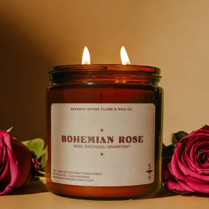 BOHEMIAN ROSE - Rose, Basil, Patchouli Candle for wholesale by Seventh House Candle