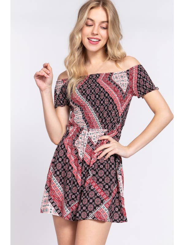 Active Basic | Active USA - Wholesale Romper - Women's - Short Sleeve Off the Shoulder Smocked Floral Print Romper