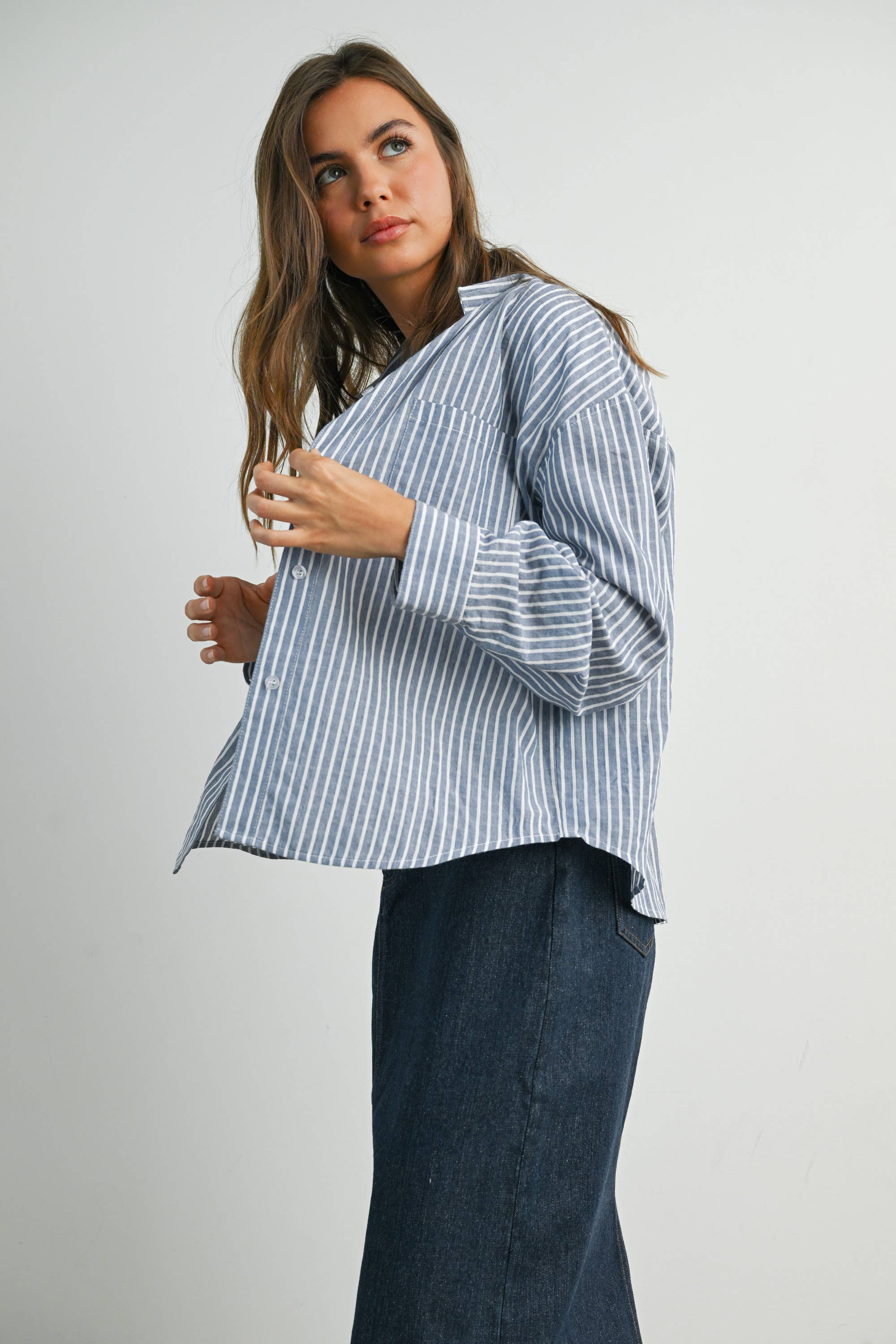 BUTTERMELON - Vente Chemise à col boutonné – femme - Haut à manches longues à rayures et col boutonné raccourci - BMT791532