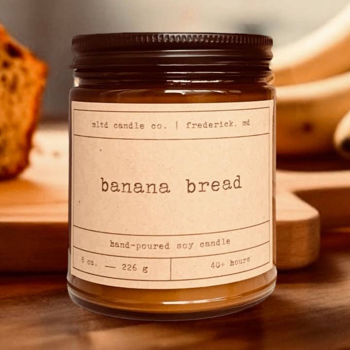 Banana Bread Soy Candle: Walnut, Cinnamon, Vanilla Scent for wholesale by MLTD Candle Co.