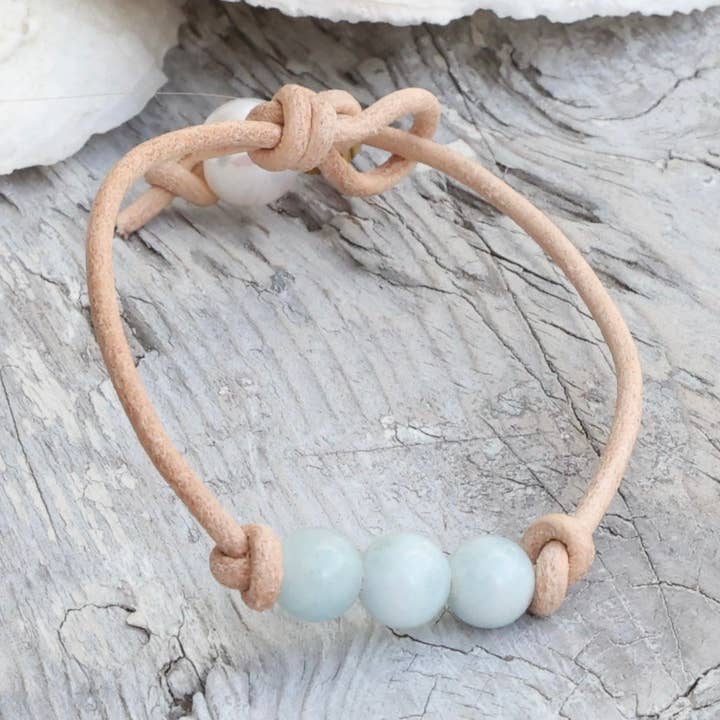 Triple Aquamarine LeatherBracelet for wholesale by Cape Cod Chokers