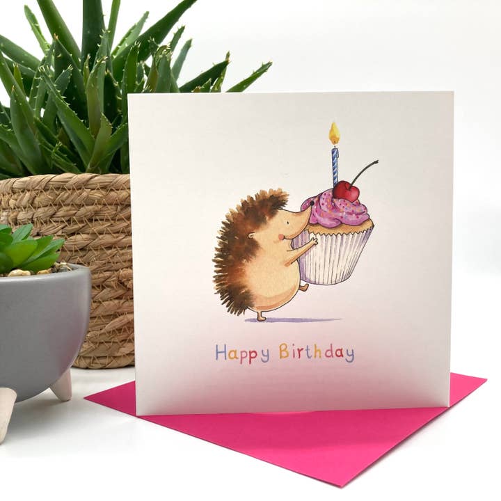 Hedgehog Cupcake Birthday Card for wholesale by Forget-me-not Christian Cards