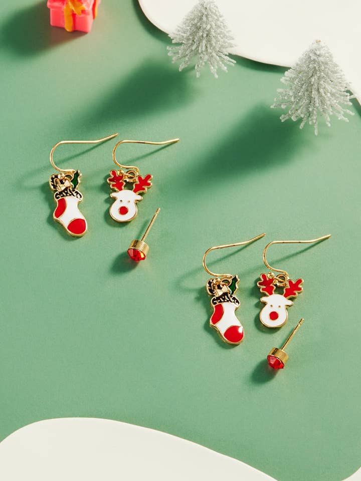 Christmas Reindeer Stocking 3PC Set Post Earrings for wholesale by Designature New York