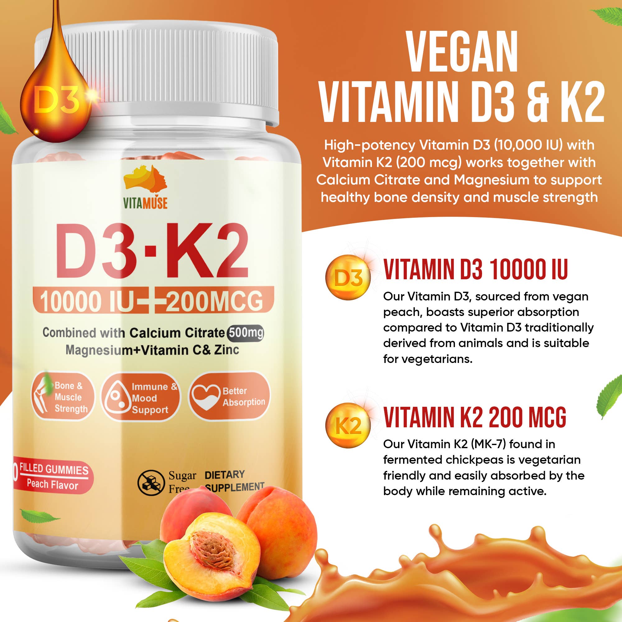 Muse Celtic Minerals LLC - Venta al por mayor Suplementos/vitaminas para beber - Gomitas D3 K2, 60 unidades, apoyan la salud ósea y cardíaca1