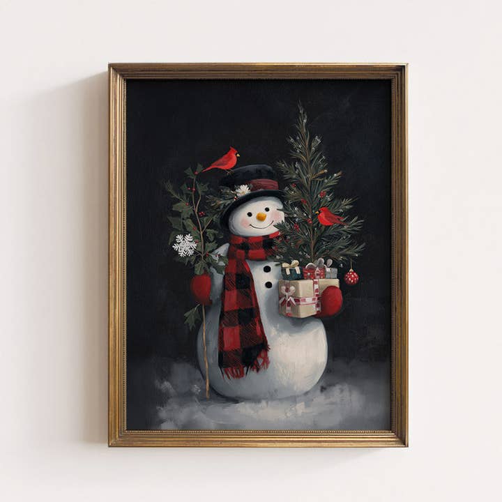 Smiling Snowman On Black Art Print for wholesale by Paper House Print Shop