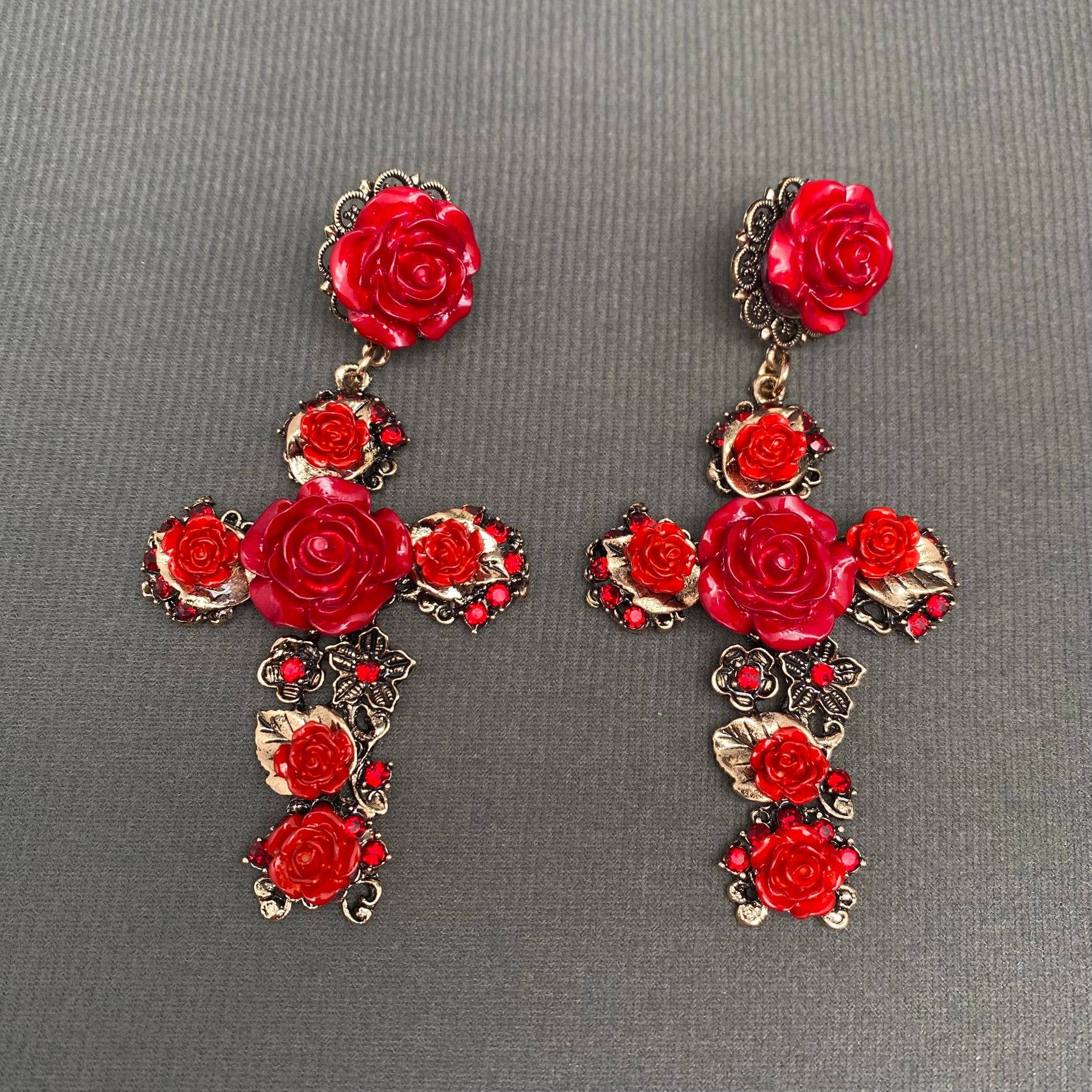 Mio Queena - Wholesale Dangle Earrings - Vintage Rose Flower Cross Post Earrings1