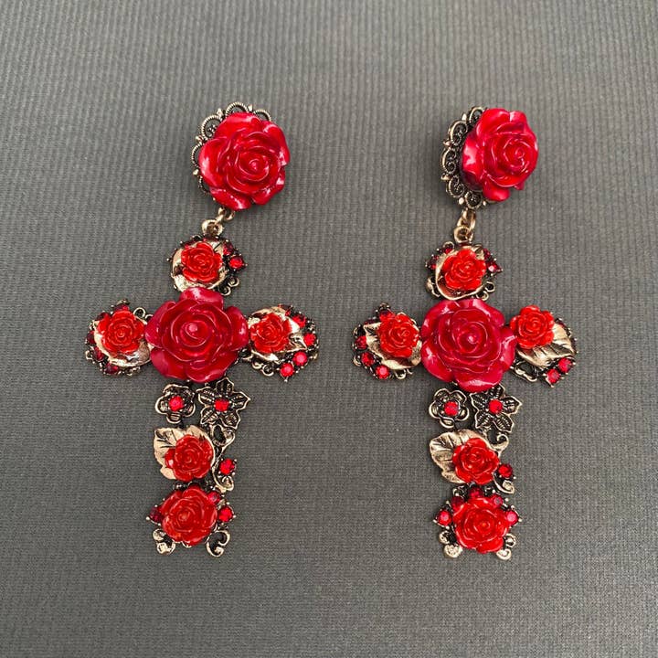 Mio Queena - Wholesale Dangle Earrings - Vintage Rose Flower Cross Post Earrings1